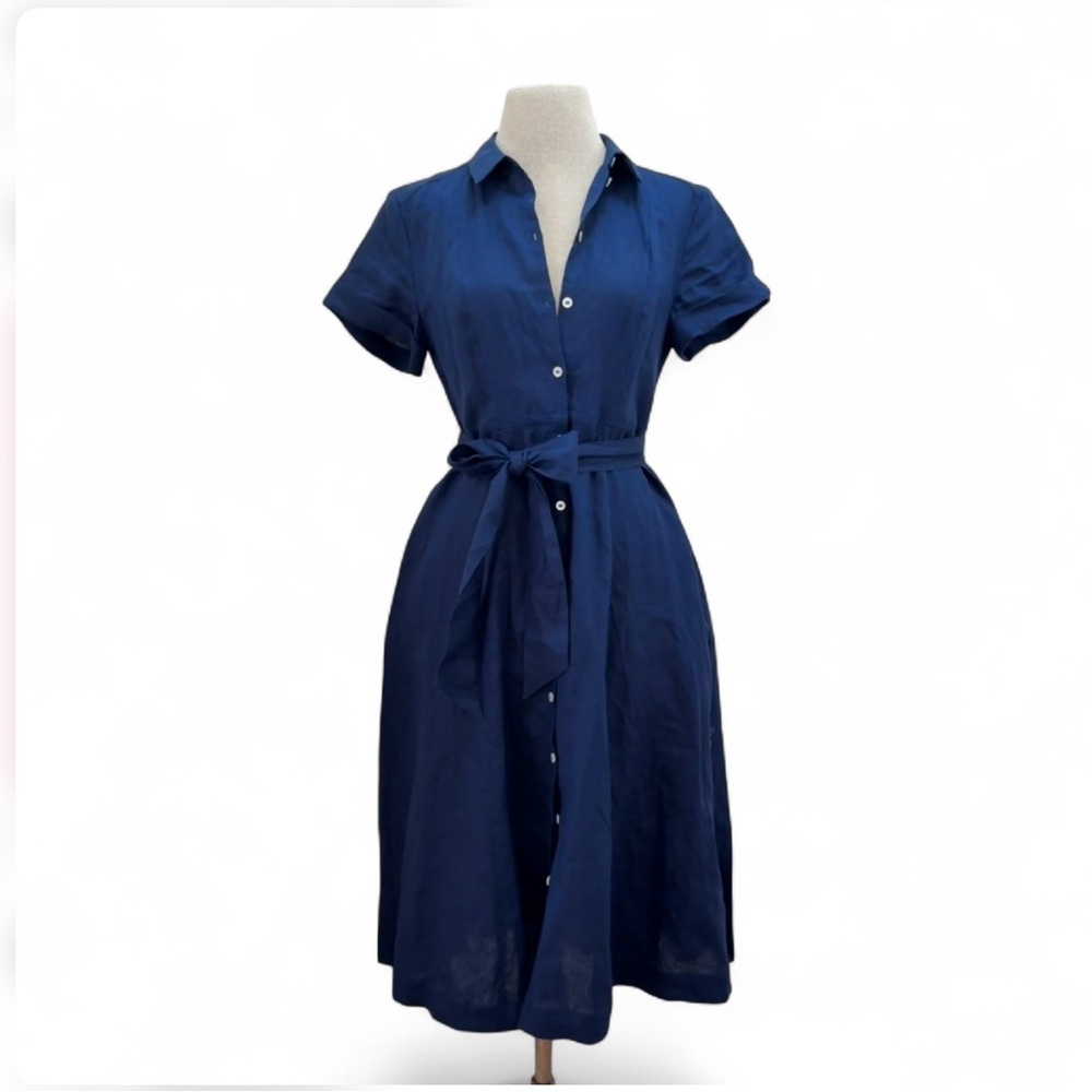 Tuckernuck Hill House Navy 100% Linen Lily Shirt Dress Size XS Nautical Coastal - Picture 2 of 16
